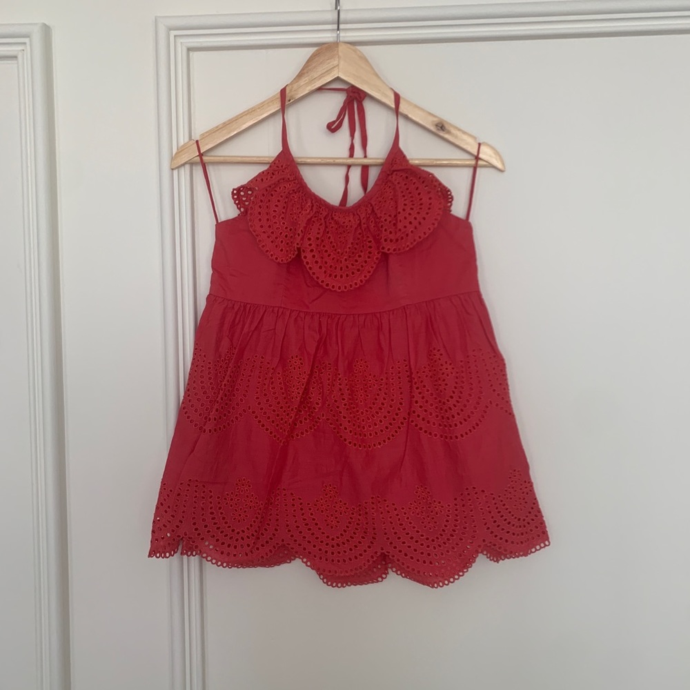 Tibi eyelet halter top with scalloped hem